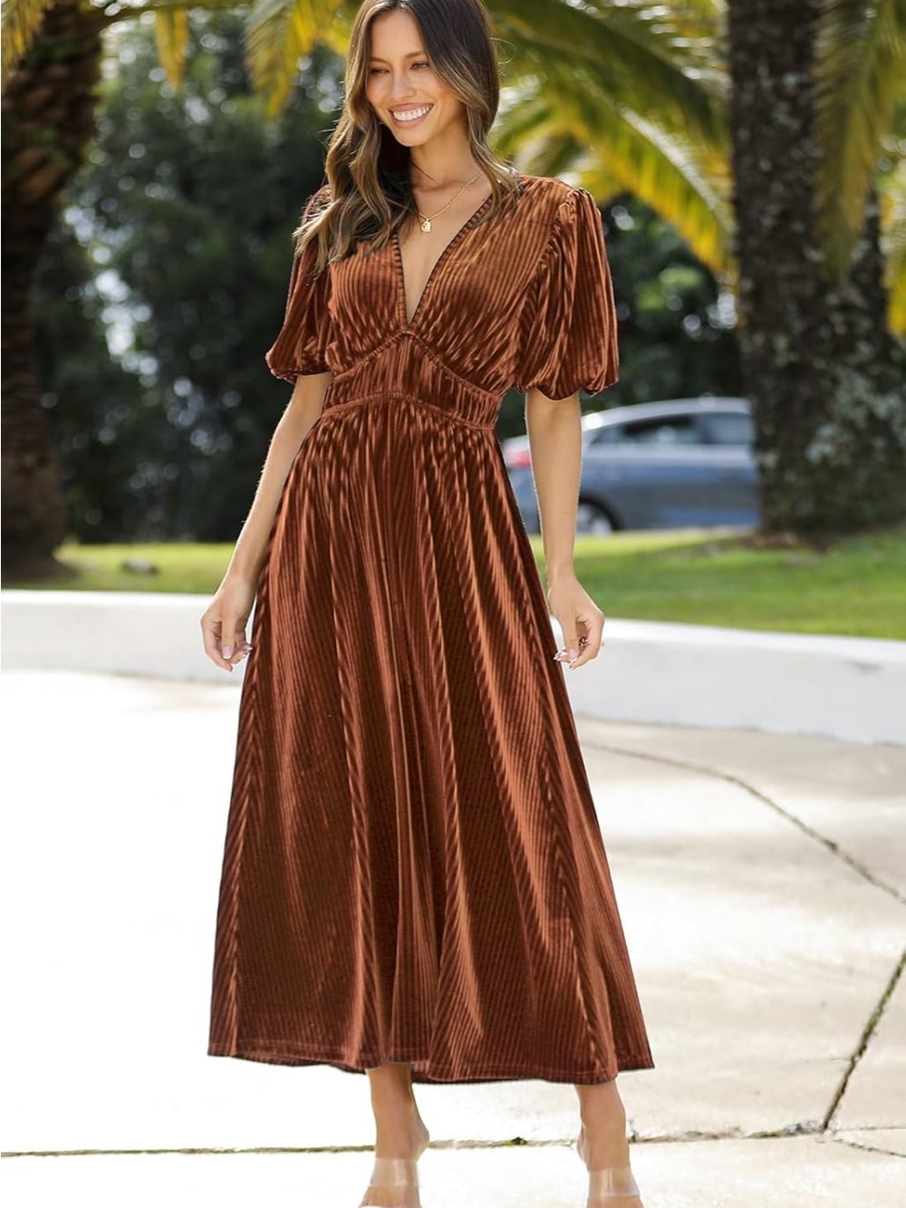 Rust Velvet Maxi Dress with Puff Sleeves